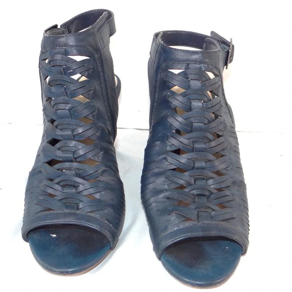 Dollhouse‎ Snaffu Navy Blue Woven Caged Wedge Sandals Womens 10W Open Toe Buckle
